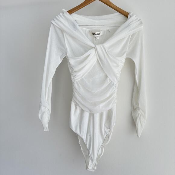 Diane Von Furstenberg Salem Bodysuit Medium White Drape Mesh Ruched Sheer Elegan - Picture 1 of 13